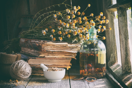 Mortar of dried healing herbs, bottle of essential oil or infusion, old books and bunch of dry chamomile plant. Herbal medicine.の写真素材