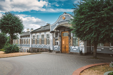 Slonim, Belarus - June 24, 2018: Facade of an old building of bank in the old town of Slonim, Grodno region, Belarus.のeditorial素材