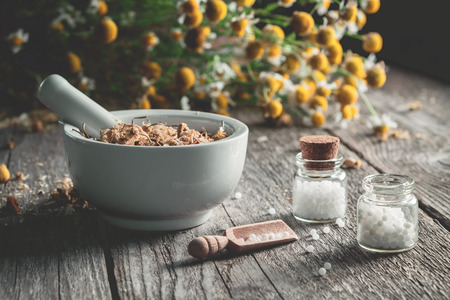 Mortar of dried healing herbs, homeopathic globules and bunch of chamomile plant. Homeopathy and herbal medicine.の写真素材