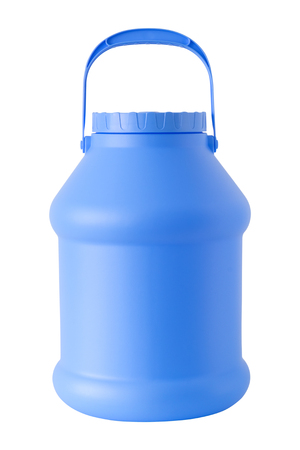 Plastic water and liquids barrel storage. Blue jerrycan or container with cap and handles, isolated on white background.の写真素材