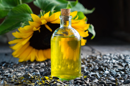 Bottle of sunflower oil, seeds and beautiful yellow sunflower on background.の写真素材