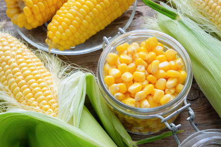 Canned sweet corn in glass jar, fresh and cooked corn on cobs. Top view.の写真素材