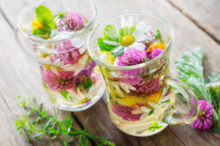 Two glass mugss of healthy herbal tea. Medicinal herbs on table.の写真素材