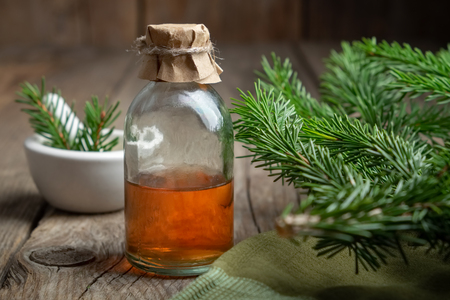Fir aromatic oil. Pine essential oil in a transparent glass bottle.の写真素材