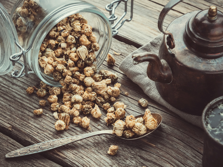 Vintage teapot, glass jar of tea and wooden cup. Herbal medicine. Top view.の写真素材