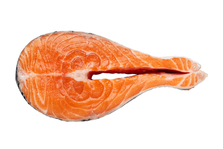 Fresh raw salmon fish steak, isolated on whiteの写真素材
