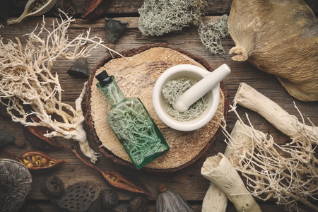 Bottle of infusion and mortar full of moss on wooden stump, nut shell, dry plants, eucalyptus and lotus seeds. Top view.の写真素材