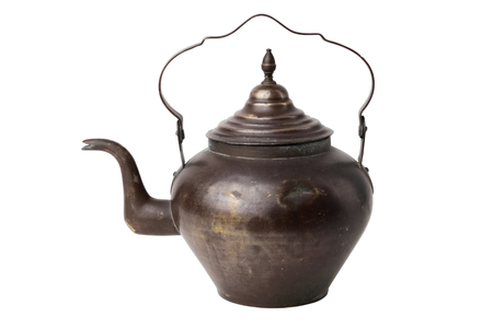 Vintage rustic tea kettle isolated on whiteの写真素材