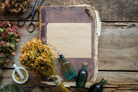 Old vintage book, tincture bottles, assortment of bunches of dry medicinal herbs, mortar. Herbal medicine. Top view.の写真素材