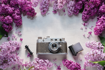 Retro camera, photo film rolls and border from lilac flowers.の写真素材