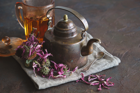 Cup of healthy echinacea tea, dry coneflower herbs and vintage teapot.の写真素材