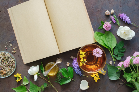Medicinal herbs and plants, open blank paper book. Glass mug of healthy herbal tea and small honey jar. Top view.の写真素材