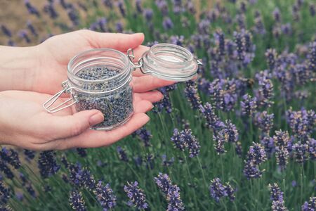 Woman holding in her hands open glass jar of lavender flowers.の写真素材