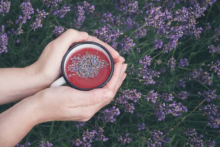 Hands Holding  Healthy lavender tea cup.