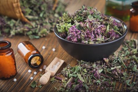 Bottles of homeopathic globules. Origanum vulgare or wild marjoram flowers in bowl. Bottle of essential oil or infusion and medicinal herbs on background.の写真素材
