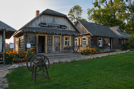 Sula, Belarus - September 24, 2020: Berezovich house and shop in park of interactive history Sula....