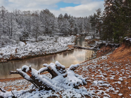 Beautiful winter landscape of forest river Isloch, Minsk region, Belarus. High quality photo by phone.の写真素材