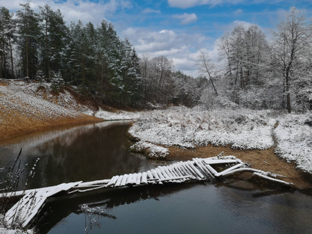 Beautiful winter landscape of forest river with bridge, Belarus. High quality photo by phone.の写真素材