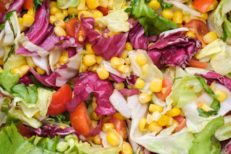 Fresh salad with tomatoes, corn and  salad leaves - frisee, romano, mangold.の写真素材