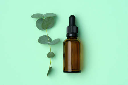 Bottle of eucalyptus oil and eucalyptus twig with leaves on green background. Top view, flat lay.の写真素材