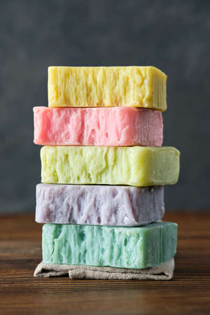 Stack of homemade natural soap bars. Bars of organic soap.