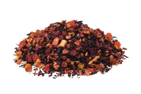Pile of natural fruit tea with hibiscus petals, fruit slices and berries. Heap of aromatic fruit tea on white.の写真素材