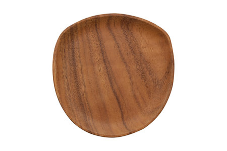 Rustic wooden plate, isolated on white. Empty wooden bowl. Top view. Flat lay.の写真素材