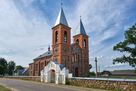 Old ancient catholic church of Saints Simeon and Tadeusz in Lazduny, Grodno region, Belarus.
