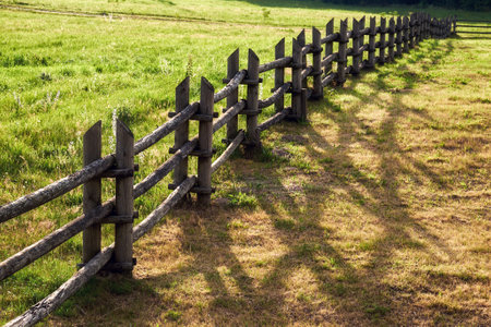 Wooden fence with a drop shadow on a sunny summer day. rustic hedge.の写真素材