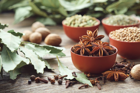 Bowl of anise stars. Bowls of aromatic spices - coriander, cardamom pods on background. Gloves, laurel leaves, nutmeg on table. Ingredients for healthy cooking. Ayurveda remedies.の写真素材