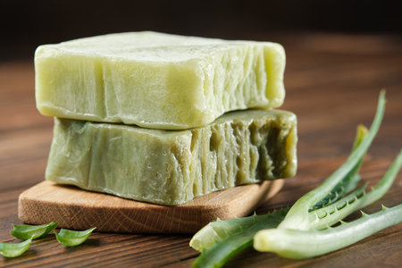 Organic aloe vera soap bars, Homemade natural soap and aloe leaves on a wooden board.の写真素材