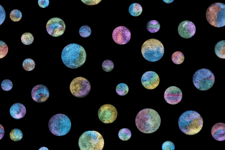 Seamless pattern of painted planets with shining watercolor paints on black background. Hand drawn bright watercolor circles with a metallic sheen. Seamless outer space with glowing planets.の写真素材
