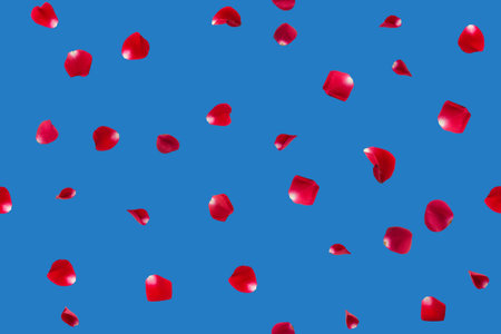 Seamless pattern of red rose petals on a blue sky background.の写真素材