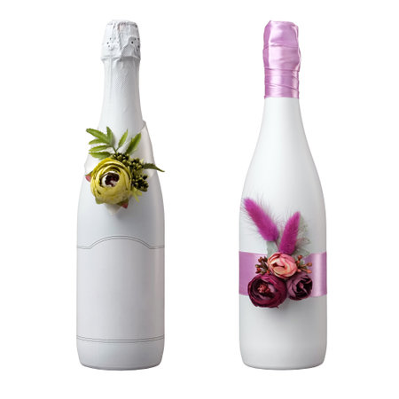 Two decorated wedding bottles of champagne, isolated on white background.の写真素材