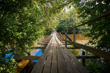 Wooden suspension bridge.  Pedestrian hanging bridge over Naroch river between Ruchitsa and Krasnica villages. Vileika district, Minsk region, Belarus.の写真素材