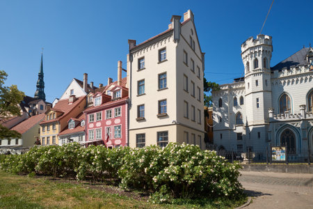 Old Liv square and medieval small guild building in old city part of Riga, Latvia.の写真素材