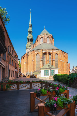 View of old ancient of St. Peter Church in Riga, Latvia.の写真素材