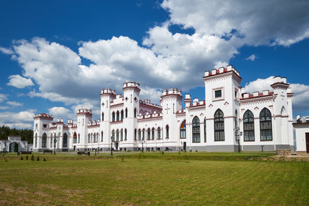 Belorussian tourist landmark attraction - old ancient Kossovo Castle and park complex at summer season. Kossovo, Brest region, Belarusのeditorial素材