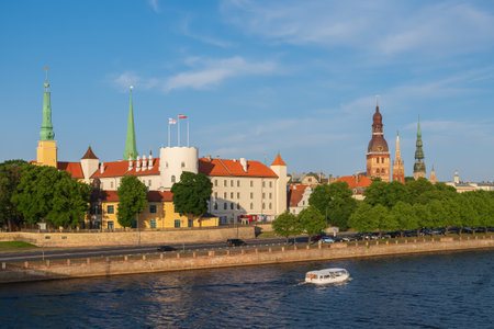 View of old town of Riga, Riga castle and Daugava River, Riga, Latvia.のeditorial素材
