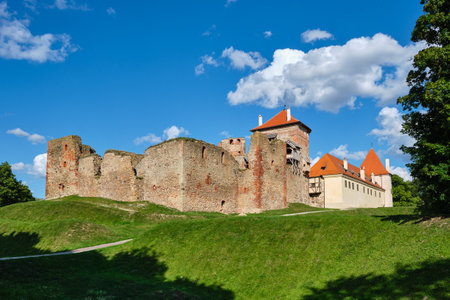 View of Latvian tourist landmark attraction -  ruins of old medieval Bauska castle and the remains of a later palace. Bauska, Latvia.のeditorial素材