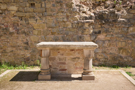 Ancient altar table 15 th century is only surving piece of chapels furnishings, which was located in the courtyard of a medieval castle in Cesis, Latvia.のeditorial素材