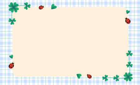 St.patrick's day Clover Leaf Lady Bug Blue Gingham Pattern Paper Background Frame Border. Blank note Vector Illustration. Editable Stroke.のイラスト素材