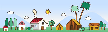 Countryside Rural Cottage Cute House Pine Tree Palm Tree Orange Tree Sun Cloud Mountain Scene Outline Flat Cartoon Illustration Vector. Editable Stroke.のイラスト素材