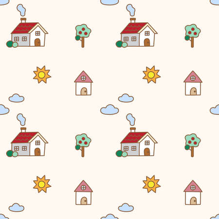 Brown Outline Flat Cute Minimal House Vector Pattern Design Ivory Cream Beige Background Editable Stroke. Cartoon Illustration Cloth, Picnic Mat, Fabric pattern, Textile, Tile, Scarf, Wrapping Paper.のイラスト素材