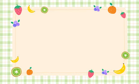Cute Ornament Element Mix Fruit Strawberry Kiwi Banana Orange Blueberry Pastel Green Gingham Pattern Paper Background Frame Border. Blank note Vector Illustration. Editable Stroke.のイラスト素材