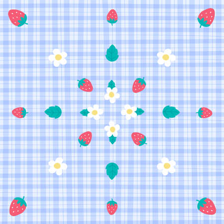 Cute Ornament Element Fruit Strawberry Leaf Flower Pastel Blue Gingham Pattern Editable Stroke. Cartoon Illustration Cloth, Mat, Fabric pattern, Textile, Scarf, Wrapping Paper.のイラスト素材