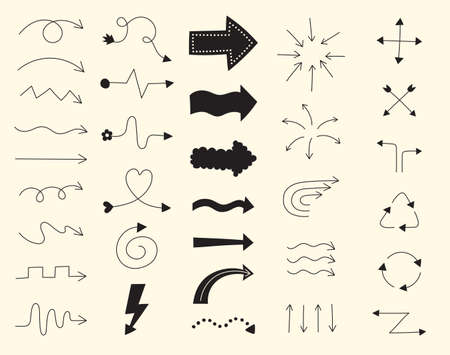 Various Style Arrow Set. Black and White Cute Minimal Arrow Direction Pointer Sign.のイラスト素材
