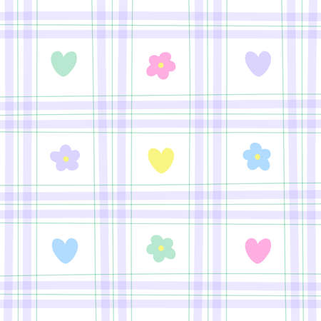 Cute Element Heart Flower Rainbow Pastel Gingham Pattern Editable Stroke. Cartoon Illustration Cloth, Mat, Fabric pattern, Textile, Scarf, Wrapping Paper.のイラスト素材