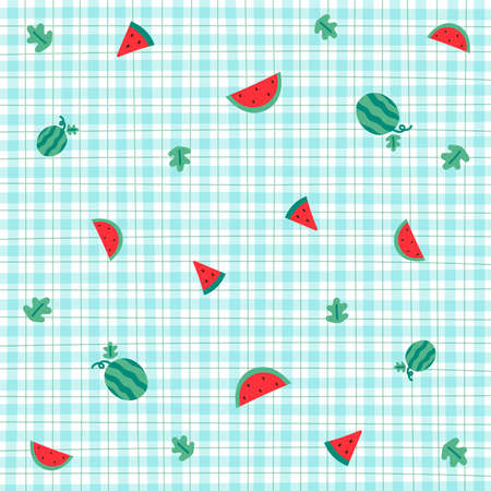 Cute Ornament Element Watermelon Pastel Blue Gingham Pattern Editable Stroke. Cartoon Illustration,...