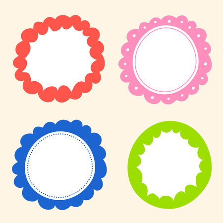 Cute Wavy Inside Dot Dash Line Doodle Cloud Round Shape Green Blue Red Pink Sticky note Post it Borders Frames Background Set Collection Bundle Vector Illustrationのイラスト素材